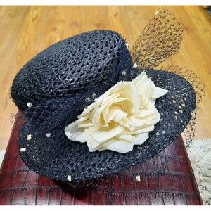 Eric Javitz Black Formal Wide-brim Straw Hat Ivory Fabric Flower Black Tulle